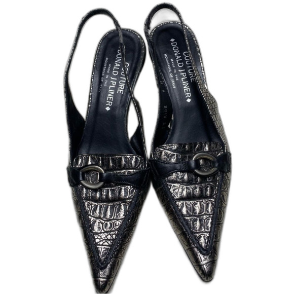 DONALD J PLINER Couture Slingback Heels Pointed Embossed Womens 6 Black Silver - Picture 2 of 7